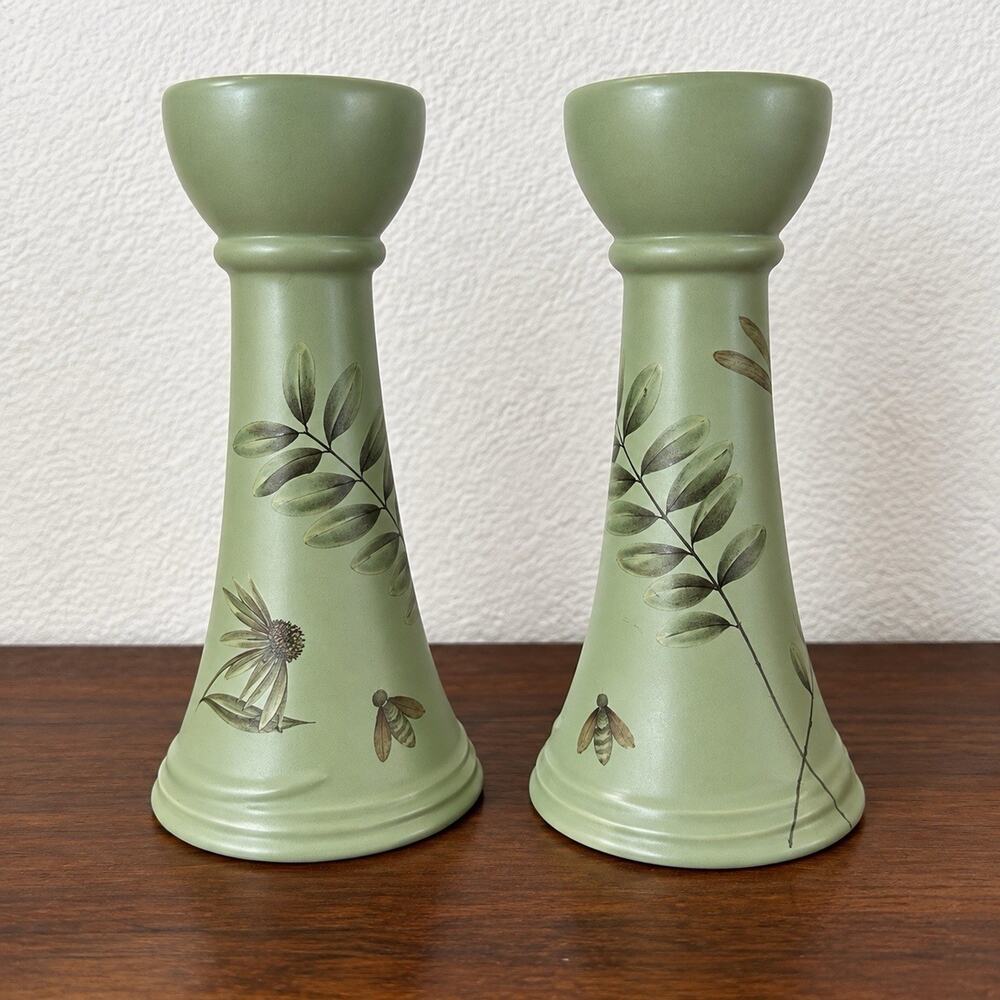 Pfaltzgraff Naturewood Portfolio Candle Stick Set Sage Green Leaf Dragonfly